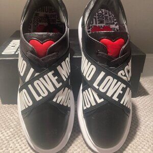Love Moschino Black White Leather Logo Platform Sneakers 37